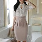 Set: Short-sleeve Lace Shirt + Pleated Skirt
