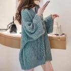 Long-sleeve V-neck Plain Cable Knit Sweater Blue - One Size