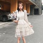 Long-sleeve Dotted Mini A-line Layered Dress