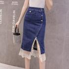 Lace Trim Slit Denim Midi Pencil Skirt