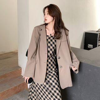 Long Sleeve Plain Single Breasted Blazer/ Spaghetti Strap Plaid A-line Dress