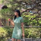 Round-neck Knit Minidress Yellow Green - One Size