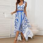Tie-strap V-neck Pattern Print Midi Beach Dress