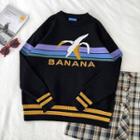 Color-block Striped Crewneck Long-sleeve Sweater Black - One Size