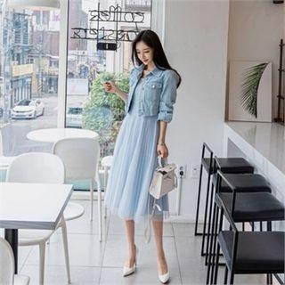 Set: Denim Cropped Jacket + Tulle-hem Denim Dress Blue - One Size