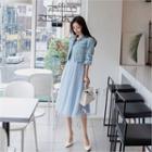 Set: Denim Cropped Jacket + Tulle-hem Denim Dress Blue - One Size