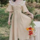 Lace Trim Short-sleeve Dotted Midi A-line Dress