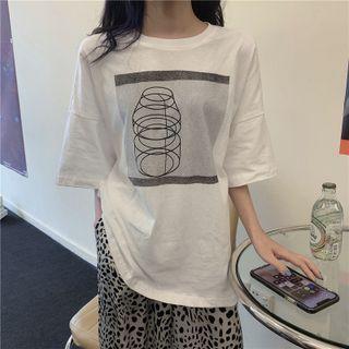 Elbow-sleeve Graphic Print T-shirt / Leopard Print Wide Leg Pants