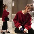 Ruffle Trim Sweater / Midi A-line Skirt / Set