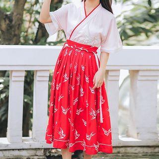 Elbow-sleeve Embroidered Patterned A-line Midi Pleated Dress