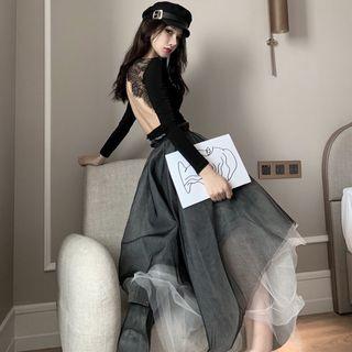 Open Back Long-sleeve Top / Mesh Midi A-line Skirt