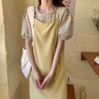 Short-sleeve Plaid Blouse / Spaghetti Strap Midi Dress