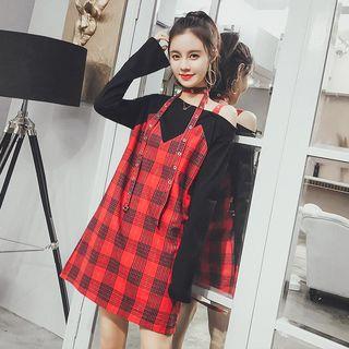 Mock Two Piece Plaid Panel Off Shoulder 3/4 Sleeve Dress