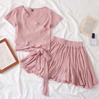 Set: Tie-accent Wrapped Top + Mini Skirt