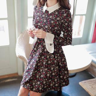 Contrast Bell-sleeve Floral Flare Dress Wine Red - One Size