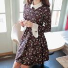 Contrast Bell-sleeve Floral Flare Dress Wine Red - One Size