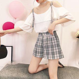 Set: Short-sleeve Cold Shoulder Top + Plaid Shorts