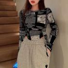 Newspaper-print Drawstring-side Crop T-shirt