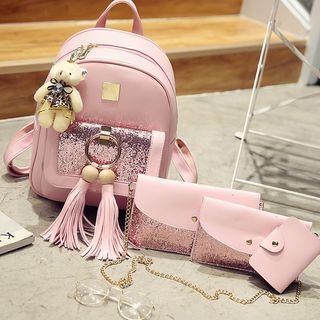 Set : Tasseled Glitter Faux Leather Backpack + Shoulder Bag + Pouch + Wallet