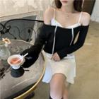 Eyelet Lace Sleeveless Dress / Plain Off-shoulder Long-sleeve Top
