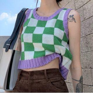 Checkerboard Sweater Vest Green & White & Purple - One Size