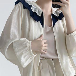 Balloon-sleeve Two-tone Hooded Zip-up Jacket Beige - One Size