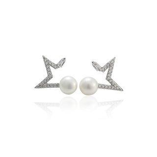 Sterling Silver Fashion Simple Star White Freshwater Pearl Stud Earrings With Cubic Zirconia Silver - One Size