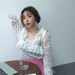 Dot See-through Long-sleeve Blouse / Plain High-waist Skirt