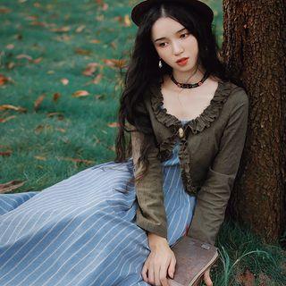 Mock Two-piece Long-sleeve Striped Panel A-line Midi Dress