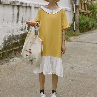 Color Block Elbow-sleeve Dress