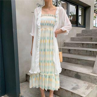 Spaghetti Strap Patterned A-line Midi Dress / 3/4-sleeve Light Jacket