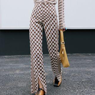 High Waist Checkered Slit-front Boot-cut Pants