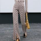 High Waist Checkered Slit-front Boot-cut Pants