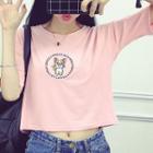 Cat Embroidered Cropped Short Sleeve T-shirt