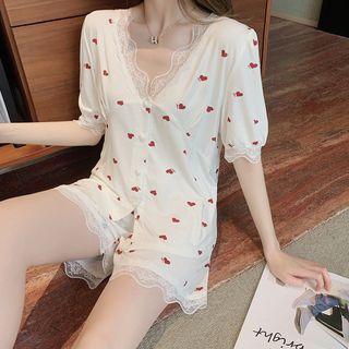 Heart Print Lace Trim Shirt / Pants / Short-sleeve Shirt / Shorts / Set