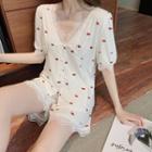 Heart Print Lace Trim Shirt / Pants / Short-sleeve Shirt / Shorts / Set