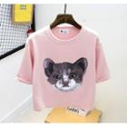 Cat Print Short Sleeve Cropped T-shirt