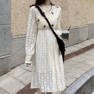 Long-sleeve Floral Knit Midi A-line Dress Almond - One Size