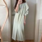 Elbow-sleeve Plain Midi A-line Dress Pea Cyan - One Size
