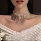 Faux Crystal Fringed Faux Pearl Choker White - One Size