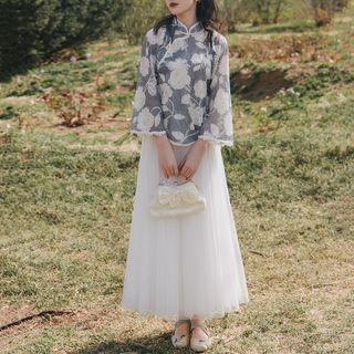 Set: Long-sleeve Floral Embroidered Qipao Top + Mesh A-line Midi Skirt + Camisole