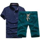 Set: Printed Stand Collar Short-sleeve Polo Shirt + Drawstring Shorts