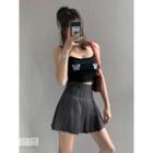 Butterfly-embroidered Pearl-strap Cropped Top