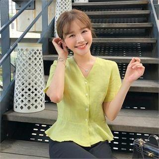 V-neck Linen Peplum Blouse