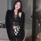 High-waist Plaid Straight-cut Pants / Plain Lace Tank Top / Woolen Cardigan