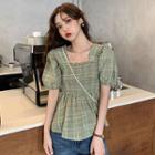 Square-neck Plaid Short-sleeve Top As Shown In Figure - One Size