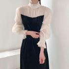 Bell-sleeve Velvet Midi A-line Dress Black & White - One Size