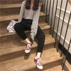 Long-sleeve Striped Cut-out T-shirt / Plain Jogger Pants