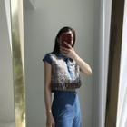 Short-sleeve Cropped Tweed Top Blue - One Size