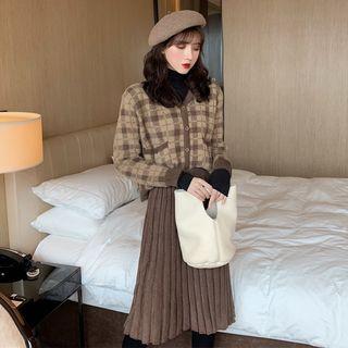 Plaid Cardigan / A-line Knit Skirt